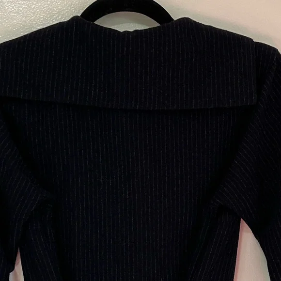Agnes B Wool Blend Navy Pinstripe Snap Front Sweater, Tie Waist, US Size 4 - Picture 8 of 11